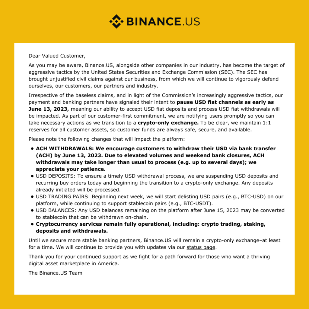 Binance US pauses USD Fiat deposits and withdrawals